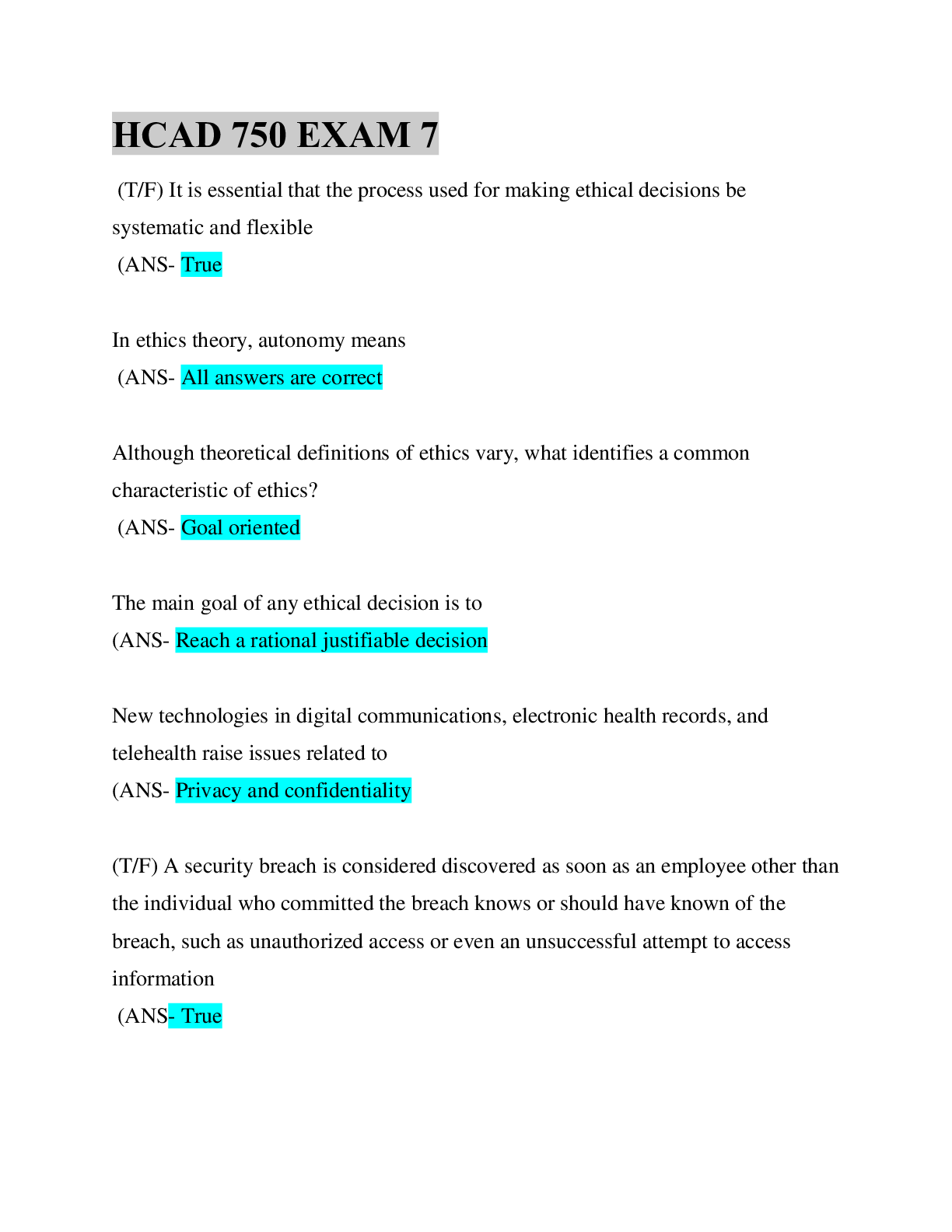 Preview of HCAD 750 EXAM 7/ Questions & Answers/ Louisiana State University